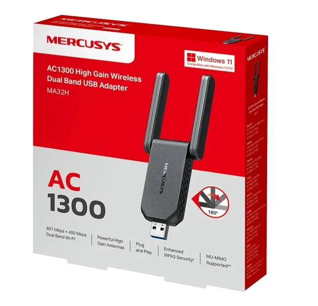 Mercusys MA32H, AC1300 Mbps, Çift Bant, USB 3.0, Yüksek Çekim Güçlü Wi-Fi 5 USB Adaptör