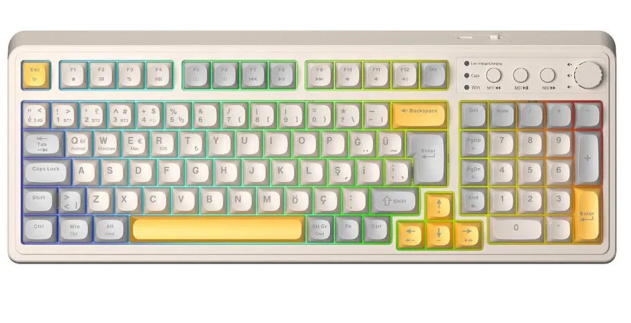 AULA S99 RETRO RGB GAMİNG 3 MODLU BLUETOOTH/2.4GHZ/USB-C KABLOSUZ MAKROLU TÜRKÇE Q KLAVYE SARI
